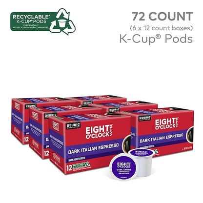 Eight O'Clock Coffee Dark Italian Espresso Roast, Keurig Single Serve K-Cup Pods, Dark Roast, 12 Count (Pack of 6)