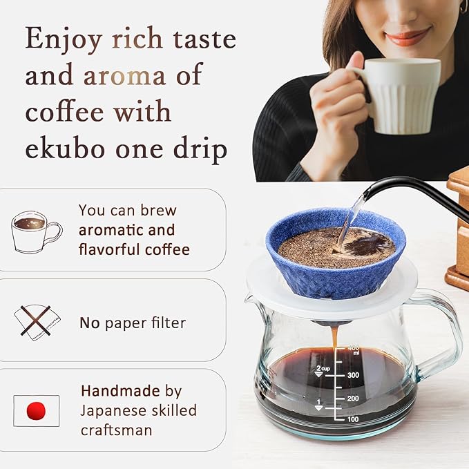 Ceramic Reusable Coffee Filter Pour Over Dripper Paperless Sustinable ekubo one drip 1-2 Cup Made in Japan (Black)
