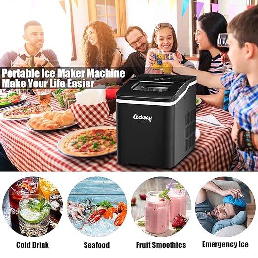 COSTWAY Countertop Ice Maker, 26Lbs/24H Portable Ice Machine with Self-Cleaning Function, Bullet Ice Cubes Ready in 8 Mins, Scoop and Removable Basket,Ice Maker for Home Party Bar, Black