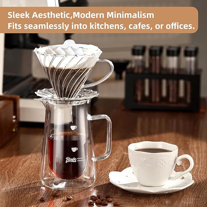 Double Wall Pour Over Coffee Maker Set - 400ml Insulated Glass Carafe with Handle, Dripper & 50 Filters, Coffee Server for Pour Over, Borosilicate Glass for Coffee, Tea, Cocktails & All Beverages