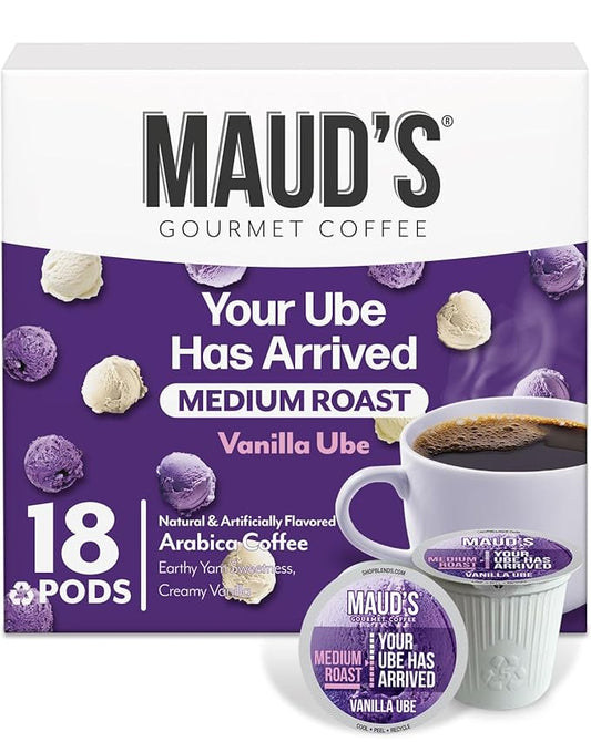 Maud's Vanilla Ube Flavored Coffee Pods, 18 ct, Medium Roast Flavored Coffee in Recyclable Single Serve Pods – 100% Arabica Beans, Compatible with Keurig K Cups Maker
