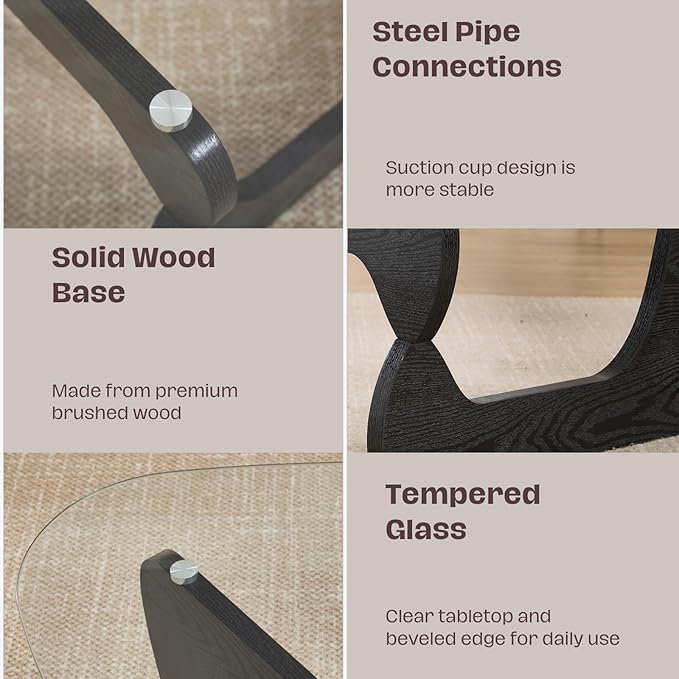 Modern Noguchi Coffee Table, Triangle Coffee Table with Tempered Glass Modern Vintage Glass Tea Table Wood Glass Accent Center Table for Living Room, 44.5”x32”x16.5”, Black Transparent