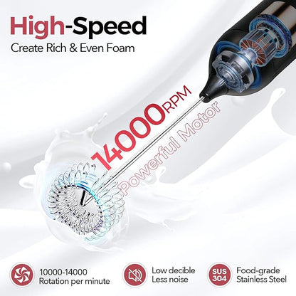 YARRAMATE Electric Milk Frother Wand, Fast Rechargeable Coffee Mixer with 2 Heads 3 Speeds, Handheld Drink Stirrer, Whisk Foam Maker for Lattes, Cappuccino, Matcha, Hot Chocolate (Black)