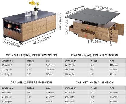 homary Modern 47" Lift-Top Coffee Table, Black & Walnut with 3 Drawers, 2 Open Storage Compartments, Hidden Cabinet, Convertible Dining Office Table for Living Room Small Spaces