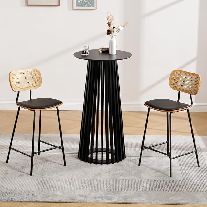 DUOMAY Black Round Bar Table, 43.5" High Wood Bar Table with Stylish Geometric Base, Modern Style Cocktail Tables for Parties, Kitchen, Dining Room, Coffee Shop