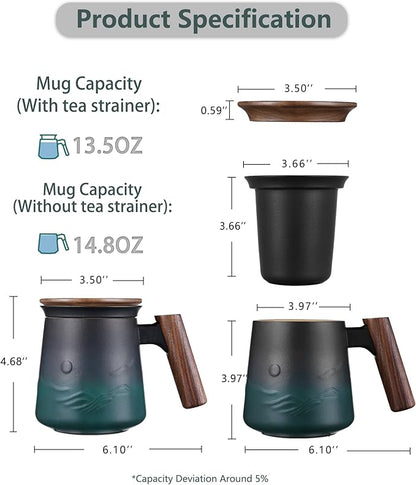 ZENS Embossed Ceramic Tea Mug with Infuser and Lid, 14.5 oz Wooden Handle, Loose Leaf Tea Steeper Mugs & Strainer for Tea Lovers Gifts