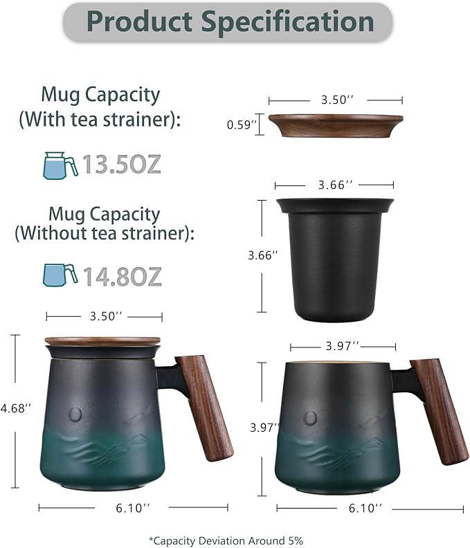 ZENS Embossed Ceramic Tea Mug with Infuser and Lid, 14.5 oz Wooden Handle, Loose Leaf Tea Steeper Mugs & Strainer for Tea Lovers Gifts