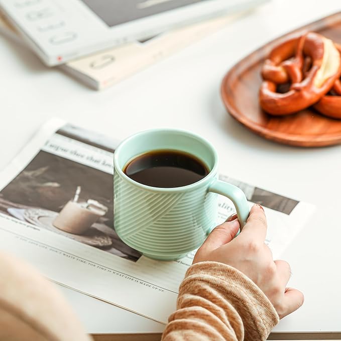 Stackable Coffee Mugs Set: 13 oz Ceramic Stacking Cups for Cappuccino Latte Tea - Microwave Safe Mug for Home & Office - 4 PCS, Mint Green