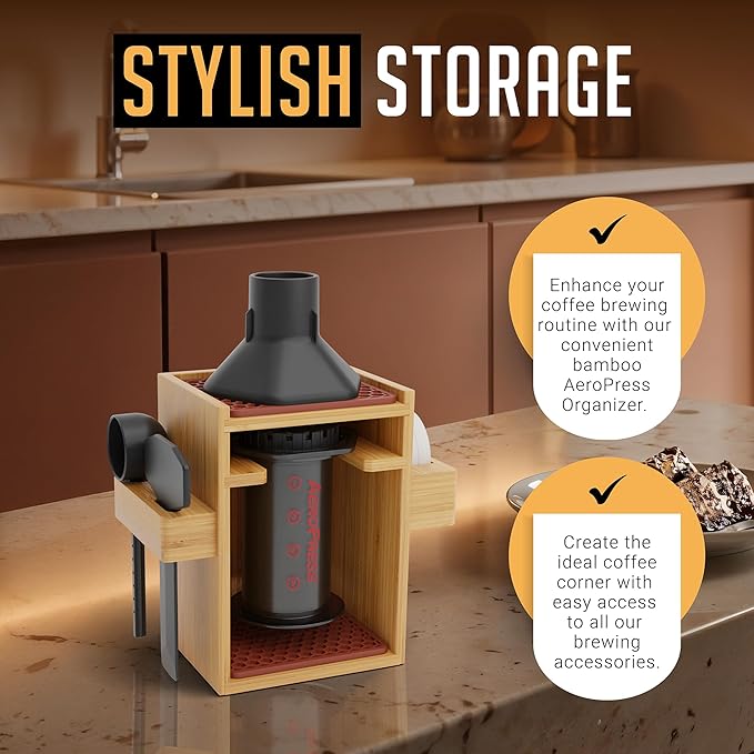 HEXNUB – Compact AeroPress Organizer Stand, Bamboo Coffee Caddy for AeroPress Coffee Maker, Accessories, Filters, Cups, Includes Mats - Brown