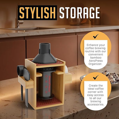 HEXNUB – Compact AeroPress Organizer Stand, Bamboo Coffee Caddy for AeroPress Coffee Maker, Accessories, Filters, Cups, Includes Mats - Brown