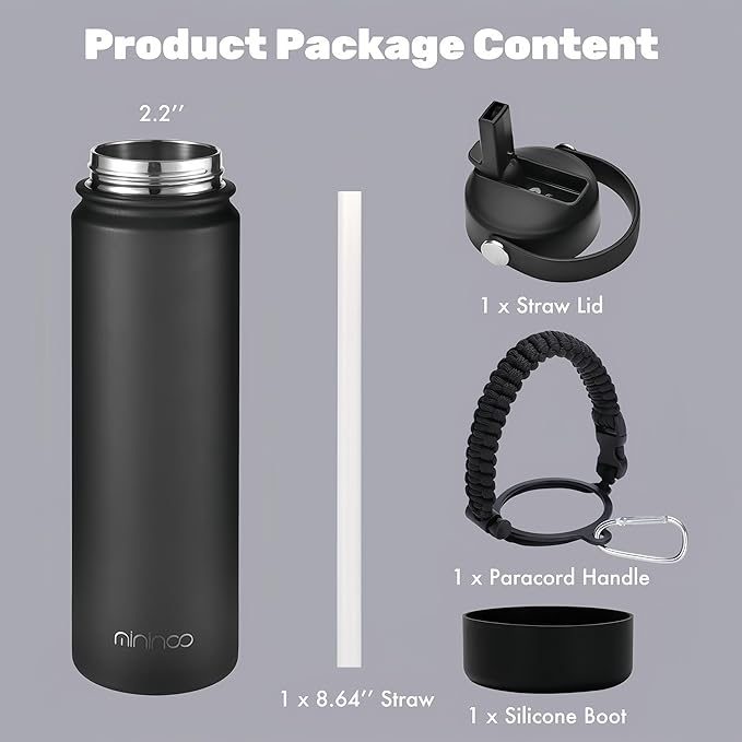 mininoo Insulated Stainless Steel Water Bottle with Straw and Lid for Sports, 24 oz, Midnight Black
