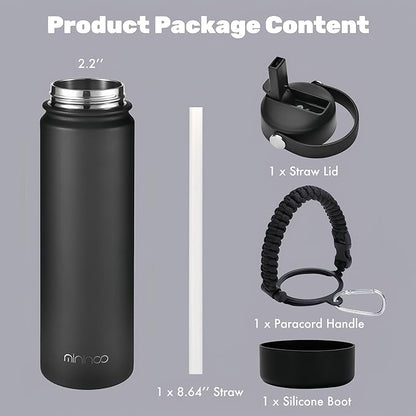 mininoo Insulated Stainless Steel Water Bottle with Straw and Lid for Sports, 24 oz, Midnight Black