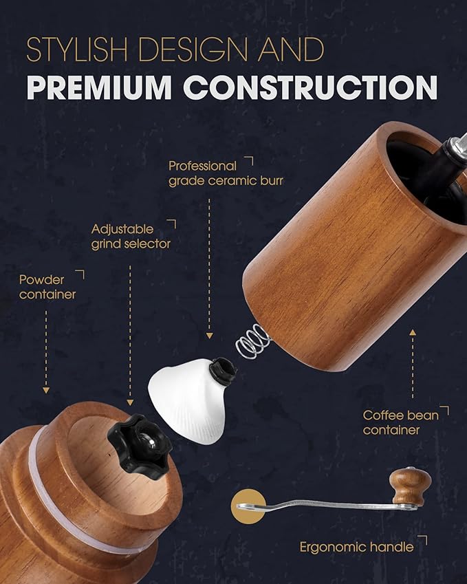 POLIVIAR Manual Coffee Grinder, Coffee Bean Grinder with Adjustable Ceramic Burr, Vintage Style Wooden Hand Coffee Grinder, Portable Burr Coffee Grinder with Brush and Spoon （JX2022-CG10）