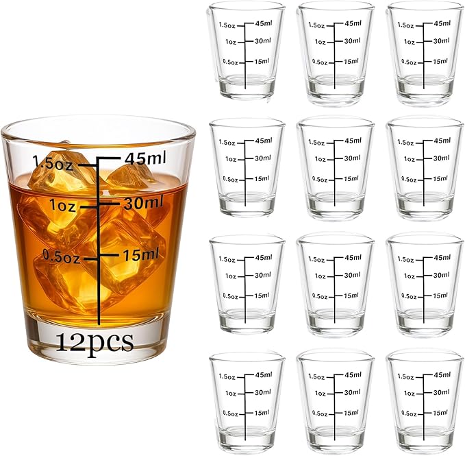 Ruckae 12 Pack 1.5oz Clear Shot Glass Set - Precision Marked for Accurate Alcohol Pouring - Round Design for Whiskey, Vodka, Rum - Ideal for Bars, Restaurants, and Home Use