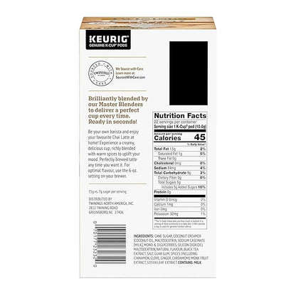 Twinings Chai Latte Black Tea K-Cup Pods for Keurig, 22 Count (Pack of 1), Creamy, Slightly Sweet, Less Sugar, Caffeinated, Enjoy Hot or Iced
