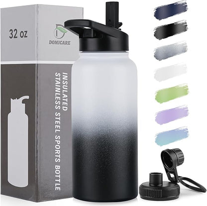 DOMICARE 32 oz Insulated Water Bottle, Vacuum Insulated Stainless Steel Sports Water Bottle with Straw Lid & Spout Lid, Leakproof, Reusable - Travel, Camping, Bike, Black White Gradient