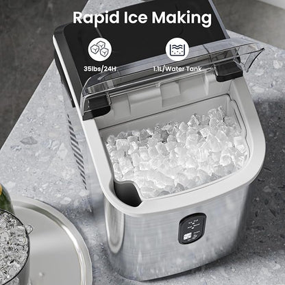 Antarctic Star Nugget Ice Makers Countertop, Portable Ice Maker Machine with Self-Cleaning, 35lbs/24H, Crushed Ice Machine with Handle & Scoop for Home, Kitchen, Office and Camping(Stainless Steel)
