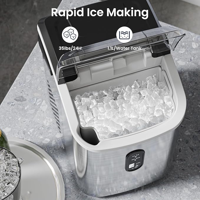 Antarctic Star Nugget Ice Makers Countertop, Portable Ice Maker Machine with Self-Cleaning, 35lbs/24H, Crushed Ice Machine with Handle & Scoop for Home, Kitchen, Office and Camping(Stainless Steel)