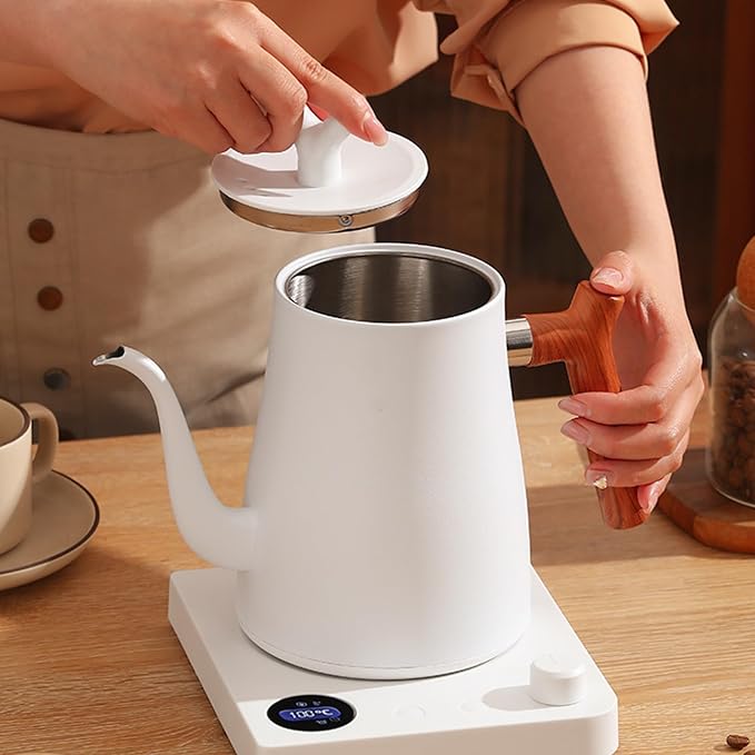 [UPGRADED] Gooseneck Electric Kettle, 1L Stainless Steel, Wooden Handle Electric Kettle, Auto Shut-Off,Precise Temperature Control for Pour Over,Hot water, Coffee & Tea| US Versioin| White
