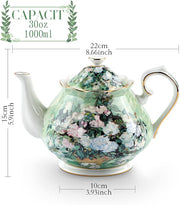 Teapot 30 oz Van Gogh Paintings Bone China Loose Tea Pot Floral Design Vintage Ceramic Coffee Water Pot European Style Porcelain (White Rose)