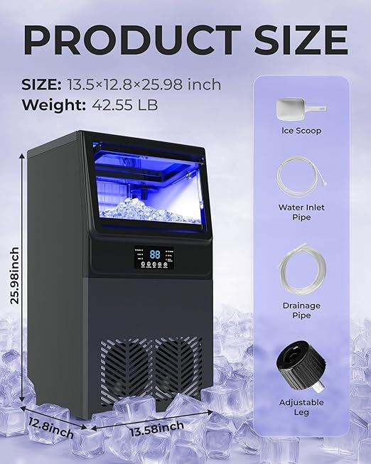 Commercial Ice Maker Machine 𝟏𝟎𝟎𝐋𝐁𝐒/𝐃𝐚𝐲, Undercounter Ice Makers 𝟑𝟎𝐋𝐁𝐒 Storage Bin and 𝟑𝟔 Ice Trays, Icemaker Machine Double Water Inlet with Water Line, Ice Scoop