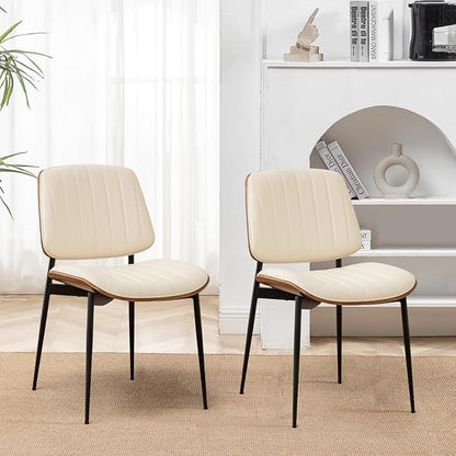 LUNLING Dining Room Chairs Set of 2 Mid Century Modern Retro Beige Faux Leather Chair with Walnut Bentwood Upholstered Seat Metal Legs Kitchen Chairs Adjustable Foot for Kitchen Dining Room