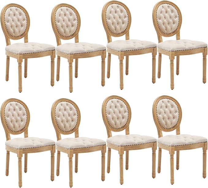 French Country Dining Chairs Set of 8, Vintage Wooden Dining Chairs with Fabric Upholstered Tufted Seat,Solid Wood Legs&Frame, Farmhouse Kitchen&Living Room Chairs(Beige,8 Pcs)