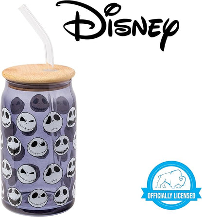 Silver Buffalo Disney Tim Burton Nightmare Before Christmas Jack Skellington Expressions Gray Glass Jar Tumbler with Bamboo Lid and Glass Straw, 16 Ounces