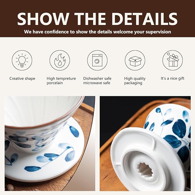 Pour Over Coffee Maker Set, 60 Angle ceramic Pour Over Coffee Maker Dripper Filter & Decanter for 1-4 People, Ceramic Coffee Dripper Set with 100 Count Paper Coffee Filters(Coffee Filter +Kettle)