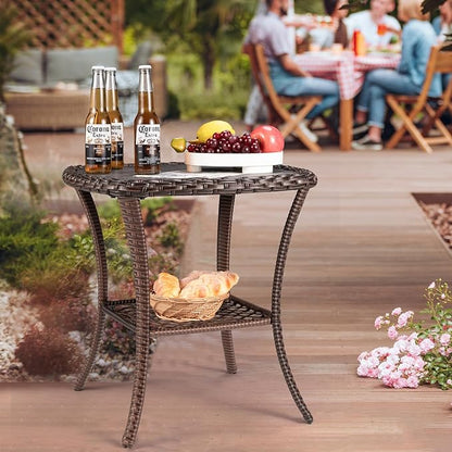Outdoor Side Table Patio Wicker Coffee Table Outdoor End Table Rattan Bistro Table with Storage & Poly Lumber Table Top Square for Outside Balcony Porch Backyard Deck Brown