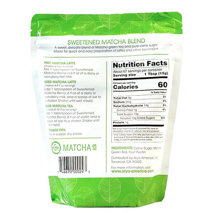 Aiya Sweetened Matcha Blend Powder - Matcha Latte Powder With Antioxidant-Rich Japanese Green Tea & Pure Cane Sugar - Ideal for Smoothies, Lattes, and Culinary Creations - 1kg Bag (2.2 lbs)