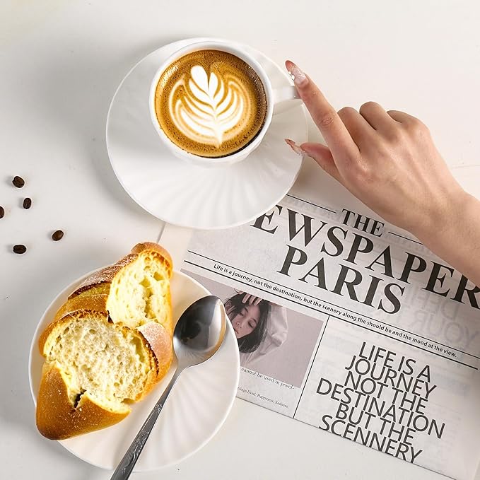 Fine Bone China Cappuccino Mugs Set of 2, 7 Oz Spiral Pattern Lightweight Ceramic, Art Coffee Cups with Saucers, for Latte, Mocha, Tea, Espresso, Macchiato, Americano