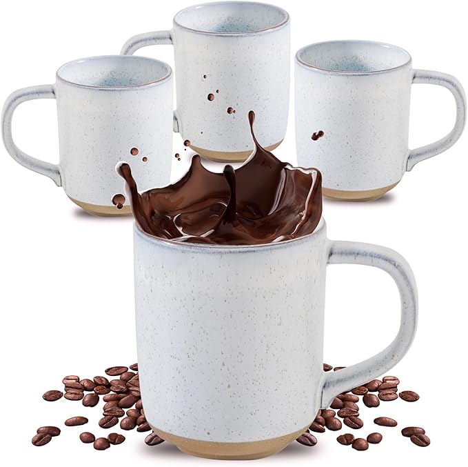 HASENSE Coffee Mugs, 12 OZ Coffee Cups Ceramic Set of 4 with Handle and Speckled Patterns for Man Woman, Vintage Stoneware Porcelain Coffee Cups Set for Tea, Cocoa, Milk, Latte and Cappuccino - White