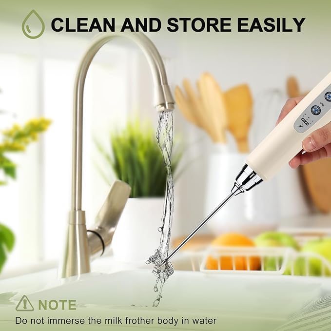 YUSWKO Beige Handheld Milk Frother Wand with Stand for Coffee, Rechargeable Electric Whisk with 3 Heads 3 Speeds Drink Mixer Coffee Frother For Latte, Cappuccino, Hot Chocolate, Egg