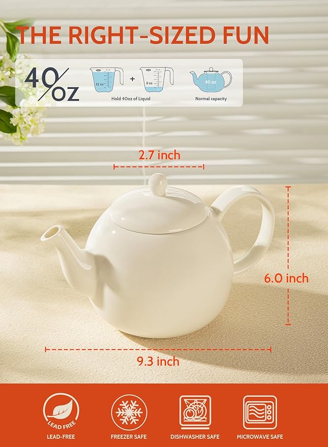 Sweese Porcelain Teapot, 40 Ounce Tea Pot - Large Enough for 5 Cups, White