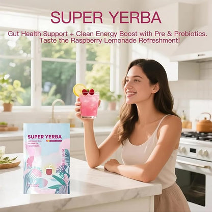 Super Yerba,Yerba Mate Instant Tea Powder,3-in-1 Formula with Low Sugar Prebiotics & Probiotics - Raspberry Lemonade Flavor with Lion's Mane,Energy Support & Focus Enhancer - Gluten-Free, Vegan, Non-GMO, 30 Servings