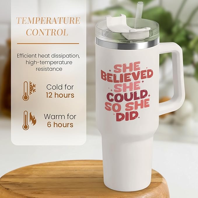 SANDJEST Graduation Gifts for Women She Believed She Could So She Did Tumbler 40oz Stainless Steel Insulated with Handle and Straw, New Job, Going Away, Inspirational Gifts for Her