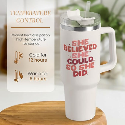 SANDJEST Graduation Gifts for Women She Believed She Could So She Did Tumbler 40oz Stainless Steel Insulated with Handle and Straw, New Job, Going Away, Inspirational Gifts for Her