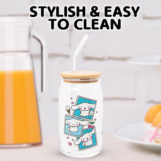 Silver Buffalo Sanrio Hello Kitty and Friends Cinnamoroll Polaroids Glass Jar Tumbler with Bamboo Lid and Glass Straw, 16 Ounces