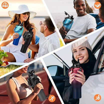 40 oz Insulated Water Bottle Fit in Car Cup Holder - Metal Water Bottle with Straw, Auto Spout Lid, Leakproof T-shape Stainless Steel Tumbler with Lid & Straw, Storage Carrier Bag, Silicone Boot