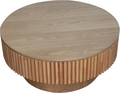 31.5 Inch Round Drum Coffee Table with Storage, Modern Handcraft Fluted Drum Coffee Table, Wooden Round Coffee Table Center Table with Sturdy Pedestal for Living Room Apartment (Natural)