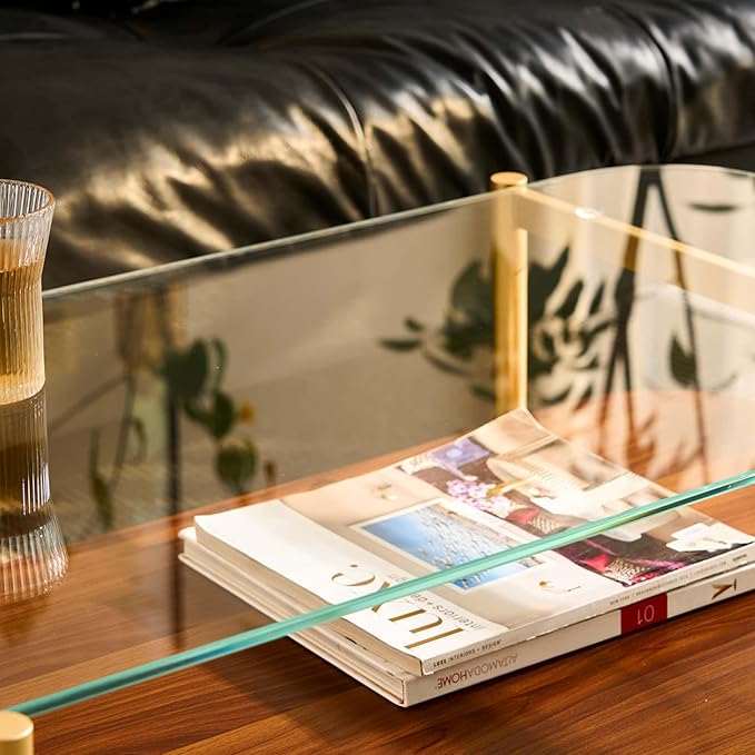 AGV LIGHTING Tadio Glass Coffee Table, Mid-Century Modern Coffee Table for Living Room, Gold Finish Leg, Clear Glass Top & Walnut Brown Shelf, Rounded Corners