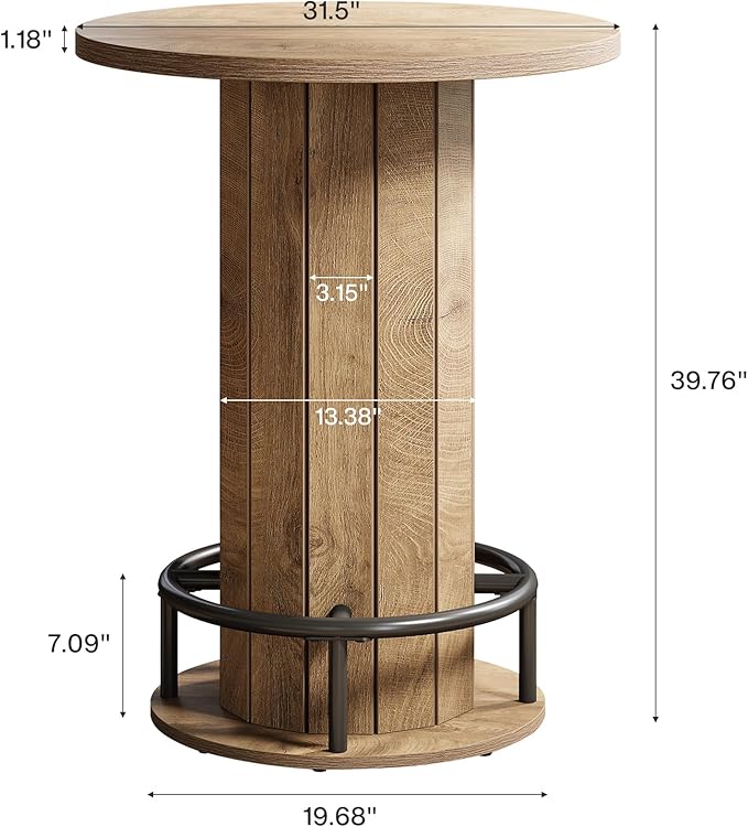 Tribesigns Round Bar Table, 39.4" H Wood Bistro Pub Table with Metal Ring Footrest for Dining Coffee Cocktail Living Room, Small Space, Light Brown(Only Table)
