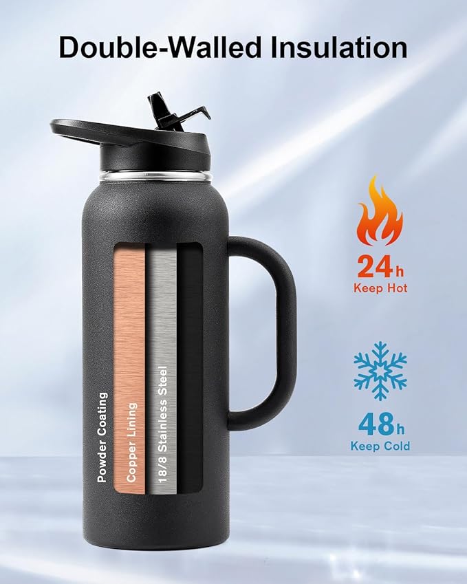 Trebo 40oz Water Bottle Insulated with Handle, Stainless Steel Metal Large Jug,Travel Flask with Straw Spout Lid,Mug Tumbler Cup with Carry Pouch,Keep Cold Hot, Indigo Black