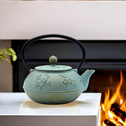 30.4oz Small Cast Iron Tea Kettle,SECHUDO Tea Pot Coated with Enameled Interior for Loose Tea, Cute Cast Iron Teapot with Stainless Steel Infuser for Stovetop Safe (900ml)