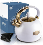 Load image into Gallery viewer, SUSTEAS Stove Top Whistling Tea Kettle - Food Grade Stainless Steel Teakettle Teapot with Cool Touch Ergonomic Handle, With 1 Silicone Pinch Mitt Included, 2.64 Quart(WHITE)