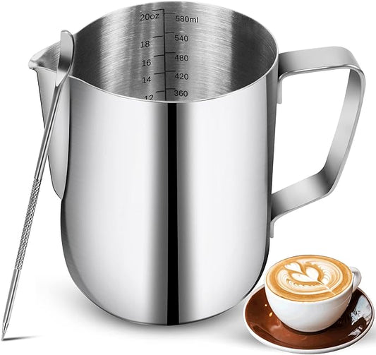 Milk Frothing Pitchers 20 oz, Stainless Steel Espresso Steaming Pitcher with Decorating Pen Coffee Milk Frother Cup with Scale Cappuccino Latte Art Barista Steam Pitchers Milk Frother Cup