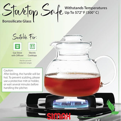 Simax Glass Teapot For Stovetop, Glass Tea Kettle For Stove Top, Tea Pots For Stove Top, Stovetop & Microwave Safe Kettles, Clear Glass Tea Pot With Spout for Tea Party, 1.5 Quart/ 6 Cup Teapots