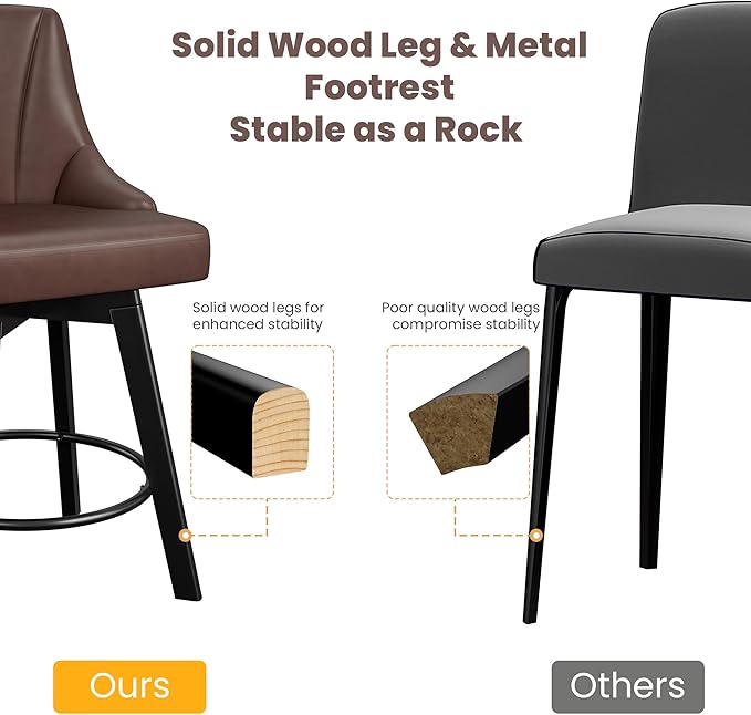 Swivel Bar Stools with Backs, 24" Counter Height Bar Stools Set of 2, PU Leather Upholstered Counter Barstools with Solid Wood Legs for Kitchen Island, Home Bar, Brown