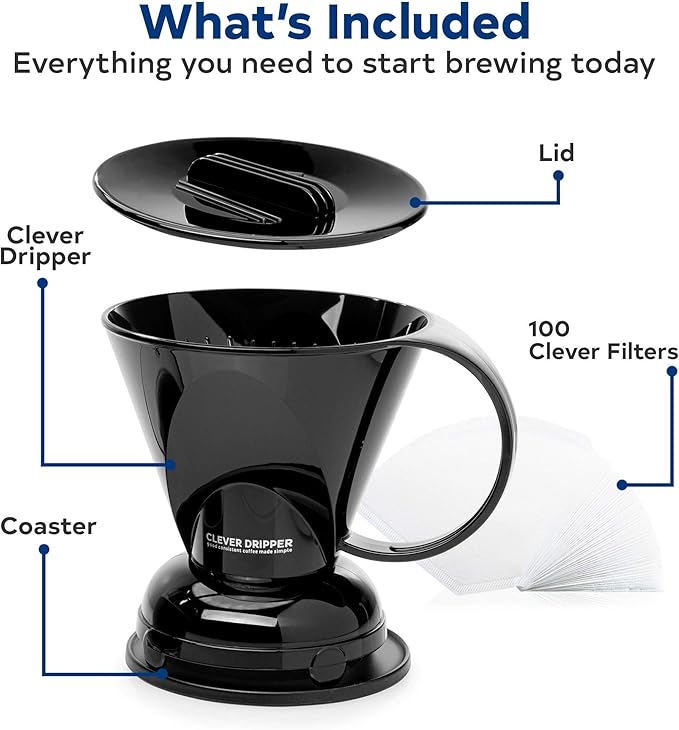 Clever Coffee Dripper and Filters, Large 18 oz (Black)| Barista's Choice| Safe BPA Free Plastic|Includes 100 Filters